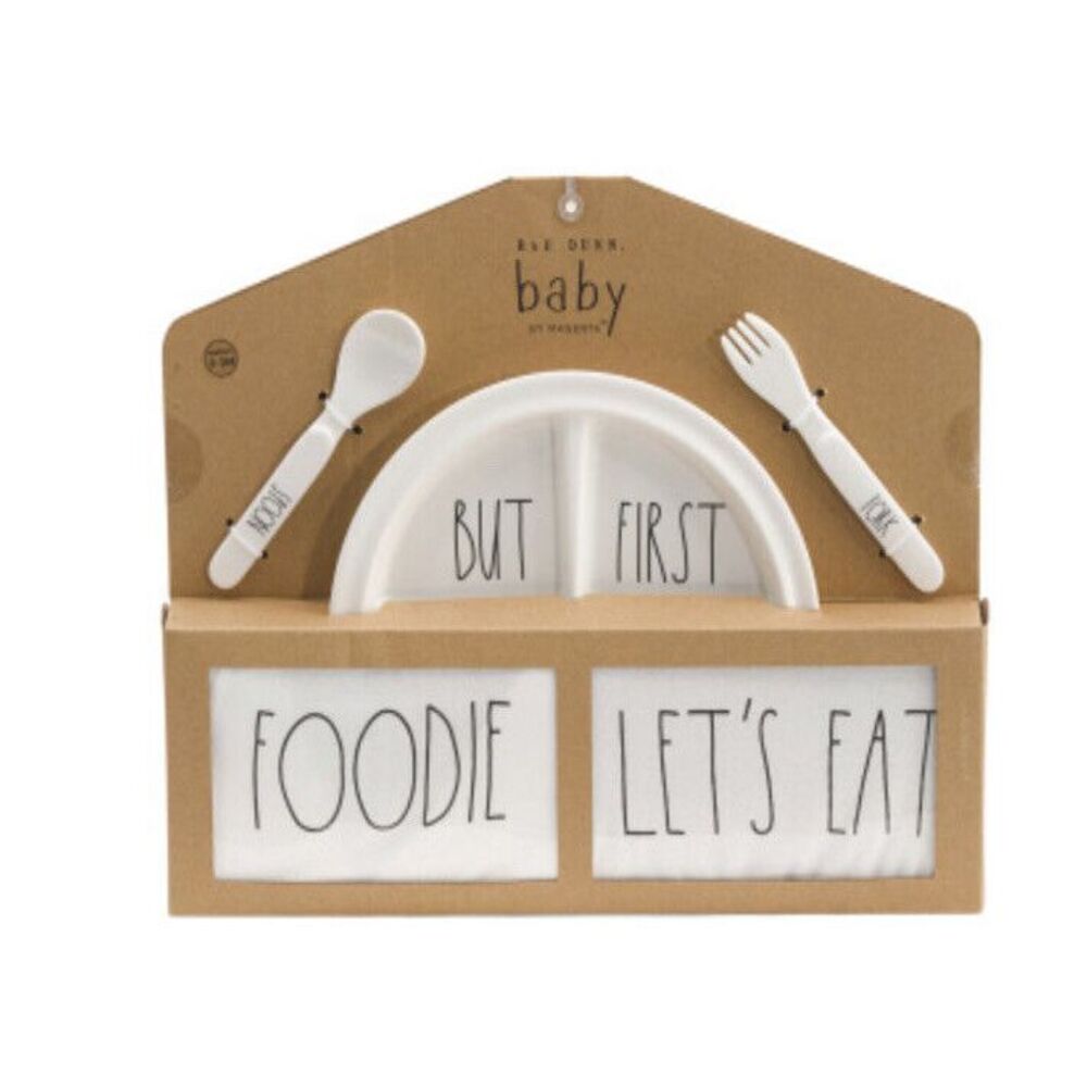 Rae Dunn Baby Set Foodie Let's Eat Plate Bib Bodysuit Utensils 5 Pc Gift 0-3M